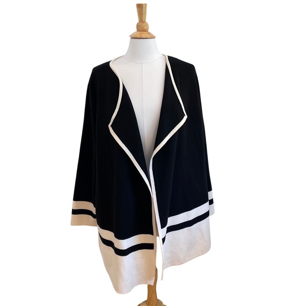 Talbots Cream, Black Drape Front Open Cardigan Sweater, Merino Wool, Size 3X